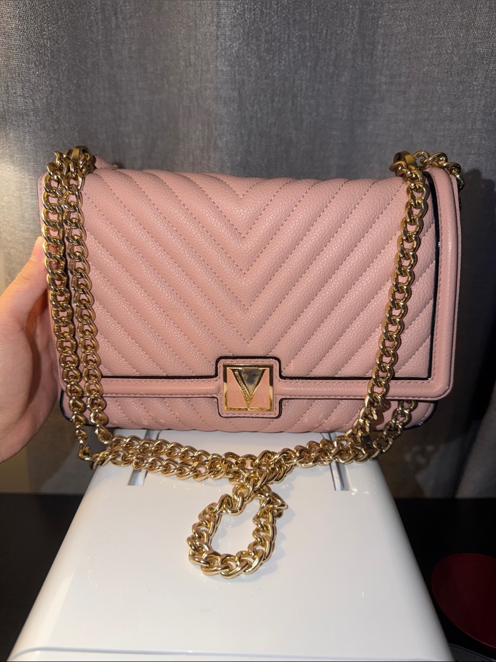 Victoria's Secret Blush Pink Quilted Shoulder Bag with Gold Chain